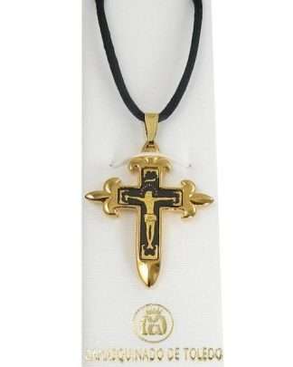 Damascene Gold Cross Jesus Pendant on Black Cord Necklace by Midas of Toledo Spain style 8235
