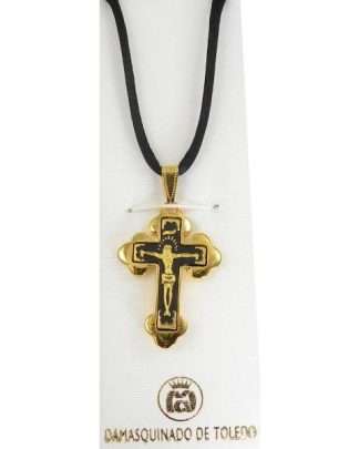 Damascene Gold Cross Jesus Pendant on Black Cord Necklace by Midas of Toledo Spain style 8236