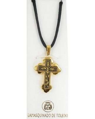 Damascene Gold Cross Thorn Pendant on Black Cord Necklace by Midas of Toledo Spain style 8236