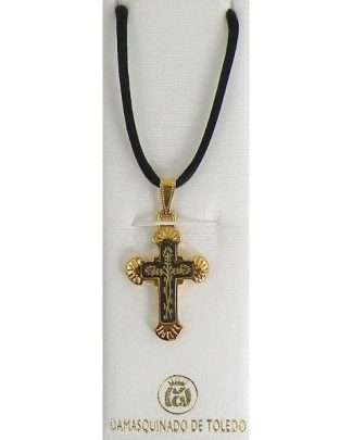 Damascene Gold Cross Thorn Pendant on Black Cord Necklace by Midas of Toledo Spain style 8241