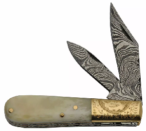 DAMASCUS STEEL BARLOW CAMEL BONE TRAPPER POCKET KNIFE